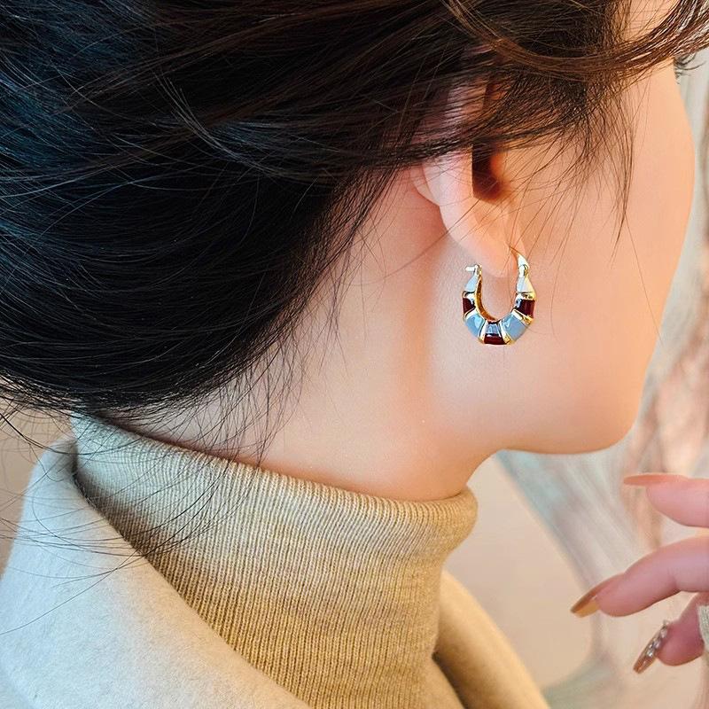 New Egyptian style pattern painting oil ear buckle women, hexagonal geometric earrings, temperament vacation style