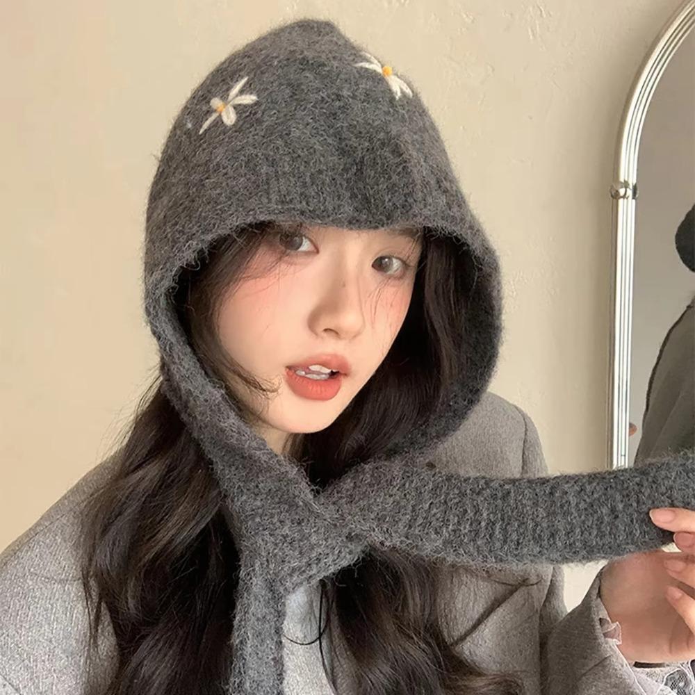 Woolen Fabric Embroidered Flowers Hat Solid Color Warm Neck Collar Winter Season