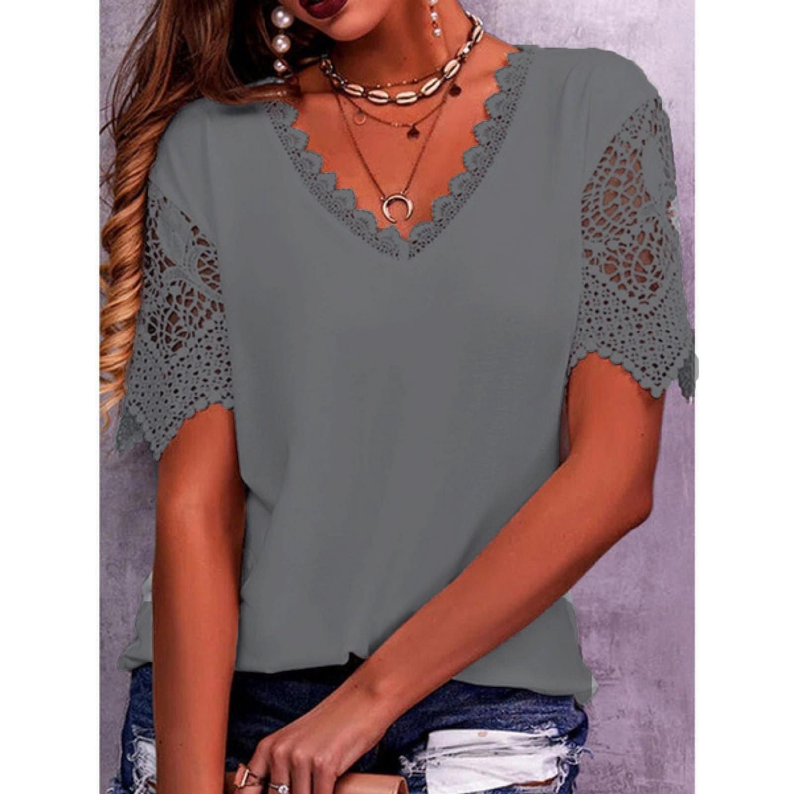 

Women s V Neck Short Sleeve Loose Fit T Shirt with Lace Trim and Floral Crochet Detail for Casual Wear XXXXL