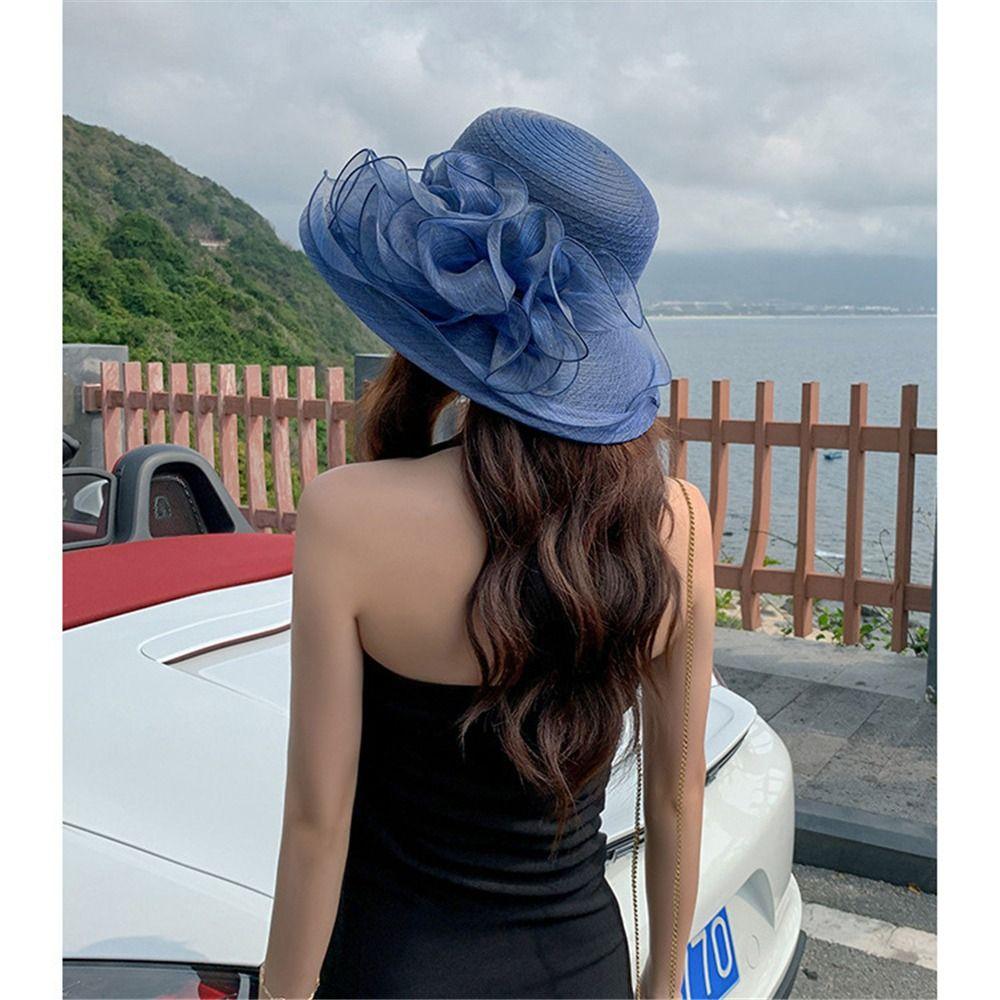 Organza Flower Kentucky-Derby Church Dress Hat Wide Brim Mesh Fisherman Hat  for Women