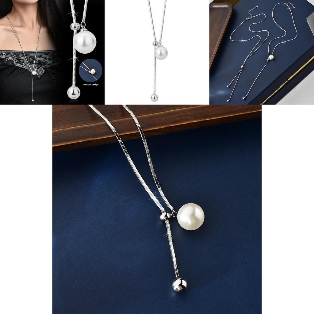 Long Pearl Elegant Necklace For Women In Titanium Steel With Geometric Design Ideal For Fall And Fashion Winter