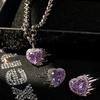 Sweet And Cool Girl Purple Gemstone Love Necklace Temperament Personalized Fashion 925 Silver Needle Earrings Necklace Set