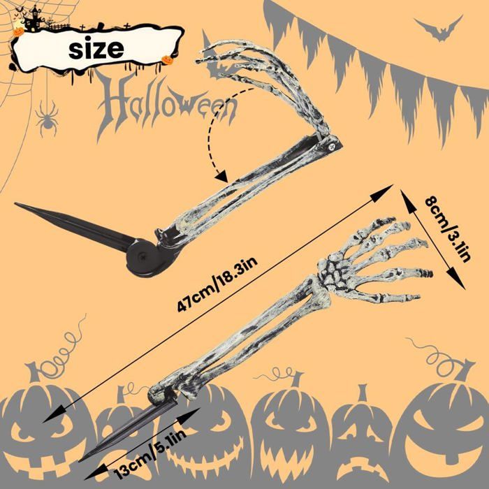 Lot de 8 décorations de bras de squelette pour Halloween, mains de squelette réalistes, décorations de jardin, pelouse