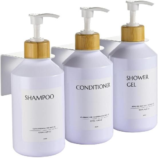 Shampoo and Conditioner Dispenser Set of 3 for Wall Mount,16.9 fl oz Drill Free Shower Soap Bottles with Labels,Refillable Body Wash Dispensers for