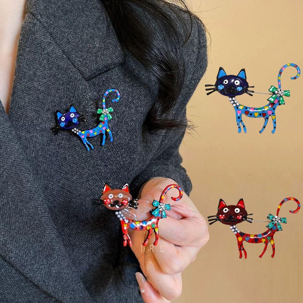 Retro Vintage Enamel Brooch Rhinestone Corsage Ornament Elegant Dripping Oil Cat Brooch  for Gift