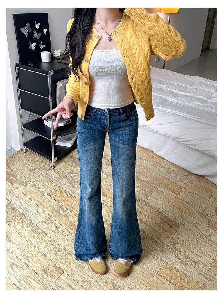 Women's Washed Low-Waist Dark Blue Micro-Flare Jeans - Bamboo Texture, Autumn Versatile, Comfortable Fit