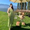 New Chinese Zen Cold Sense Smudged Green Beaded Backless Dress Photo Seaside Vacation Collar Suspender Dress