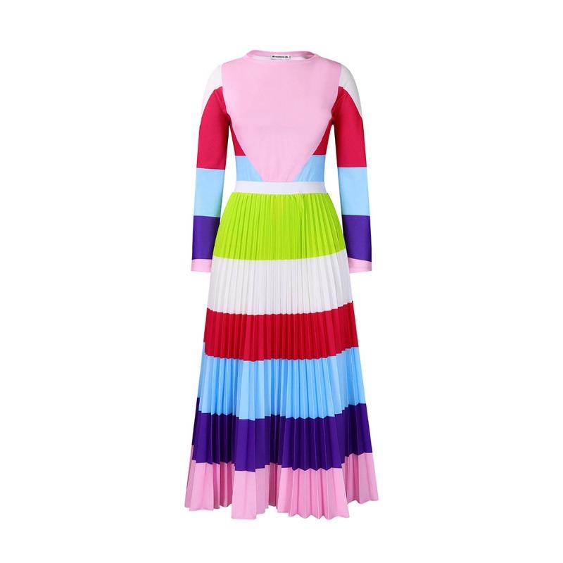 Autumn pleated print contrasting color suit long-sleeved top fashion skirt two-piece set