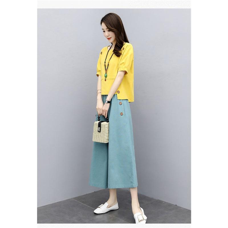 Women's Cotton Linen 2-Piece Set Short Sleeve Blouse & Wide Leg Pants