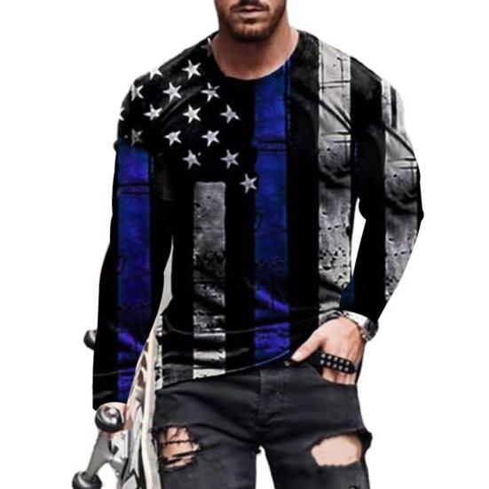 

American Flag Print Men T-shirt Long Sleeve Skin-friendly O Neck Slim Fit Pullover Top Male Clothing 4XL синій