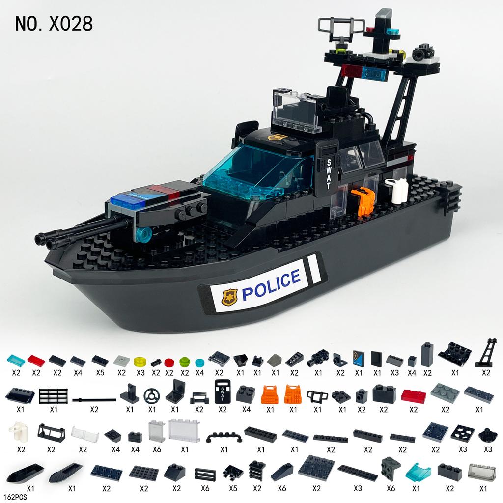 Serie militare Special Police Black Shark Patrol Boat Giocattoli per bambini Blocchi da costruzione