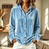 Button Down Coat Women Front Velvet Hoodie, Long Sleeve Hooded Jacket, Soft Outerwear Loose Fit Casual Drawstring for Autumn Winter Apparel