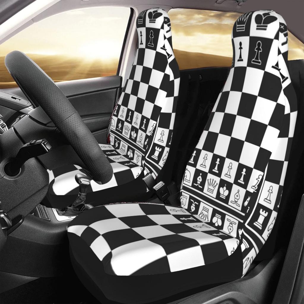 Black and White Chessboard Print Car Seat Covers Set of 2 Front Bucket Seat Protector Accessories Universal Fit Most Cars Trucks