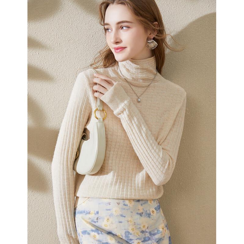 TUHUANG Women's Pure Wool High-Neck Pullover Sweater