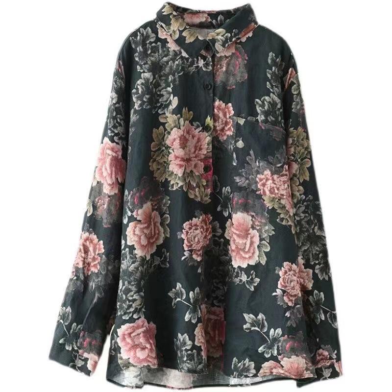 Autumn clothes wear retro printed cotton and linen shirt women's loose long-sleeved shirt cardigan top