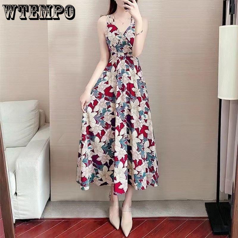 WTEMPO Summer Women's Large Size Dress Slim and Thin Floral Dress Waist-skimming Temperament Beach Dress Loose Print Floral Dress