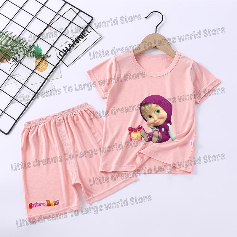 Mashas Bears Pajamas Set Girls Boys Short Sleeve T-shirt Pants Loungewear Summer Thin Nighty Clothing Tee Shorts Breathable Suit