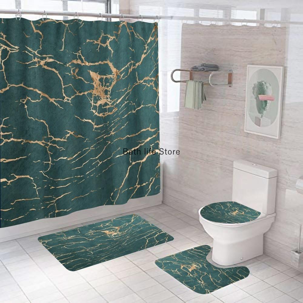 White Marble Shower Curtain Luxury Golden Modern With Non Slip Rug Mat Bathroom Curtain Waterproof Polyester Home Decor 180x180