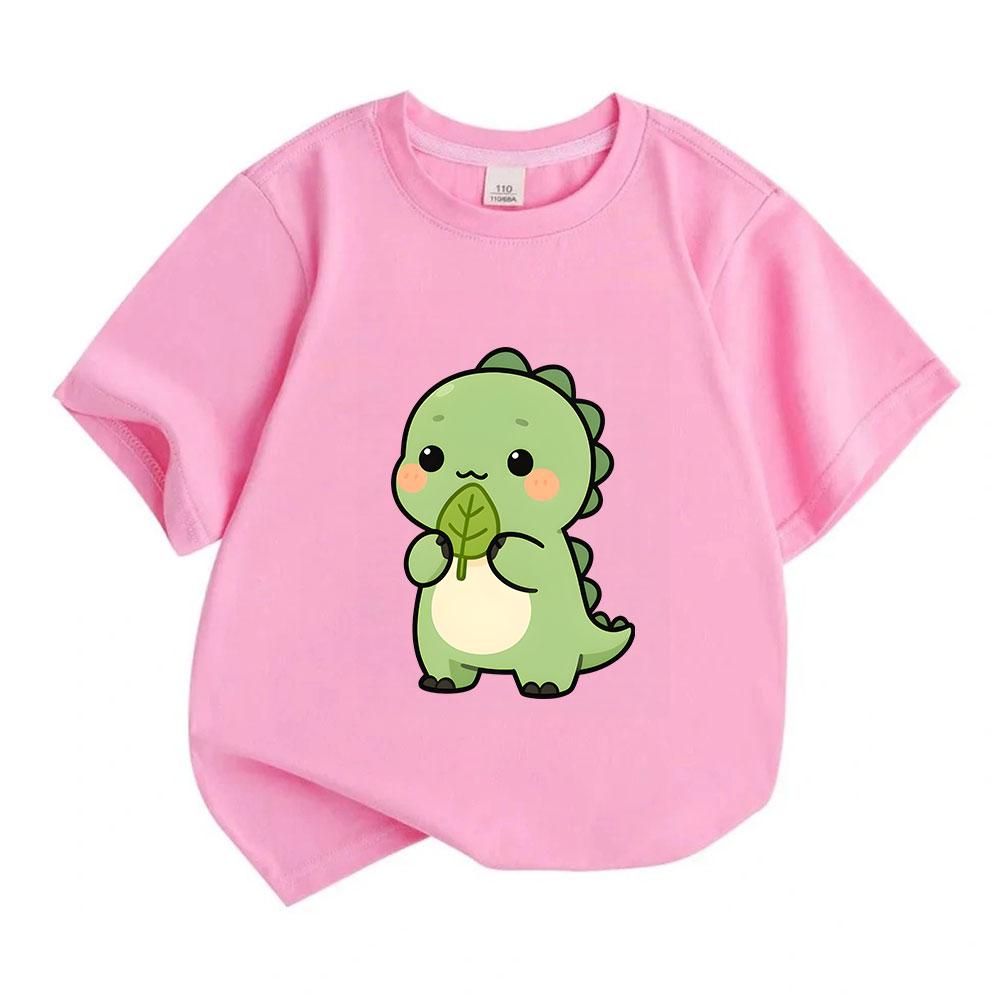 Kids Boys Girls 100% Cotton Crew Neck Short Sleeve T-Shirt, Cute Cartoon Green Dinosaur Print Casual Soft Lightweight Tee Tops for Children Daily Wear