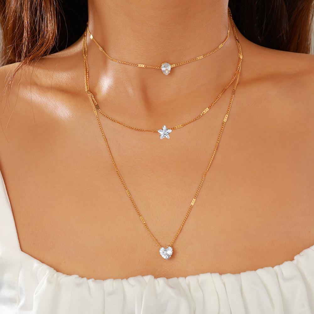 Modern Layered Crystal Pendant Necklaces Minimalist Gold-Plated Metalcrystal Clavicle Chain Everyday Necklaces Gifts