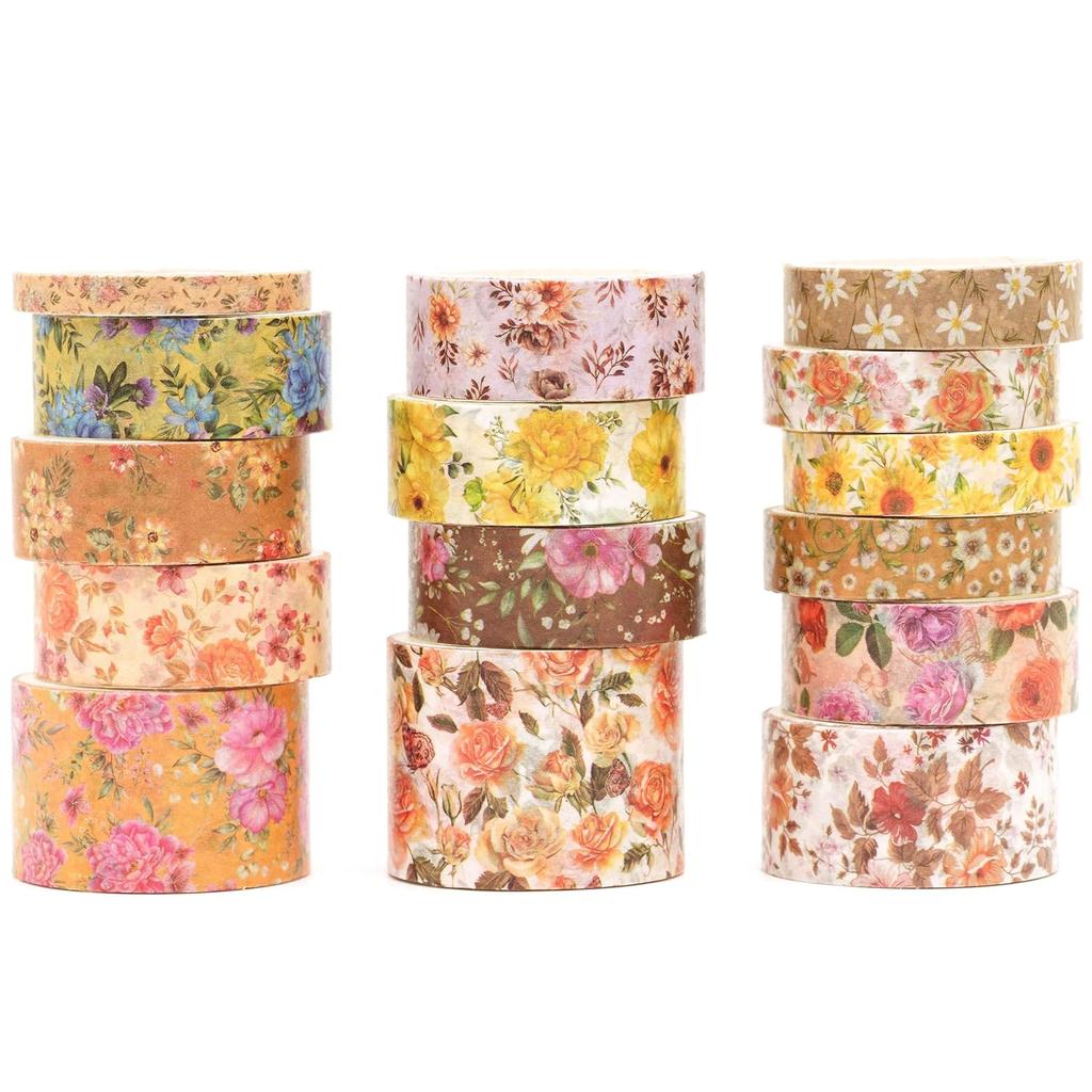 Set di Washi Tape Floreali - 15 Rotoli Fiori Arti Nastri Adesivi Fiori del Giardino Adesivi Decorativi Set di Masking Tape per Artigianato