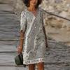 Women Summer V-neck Folk-custom Plus Size Print Loose Mid-sleeve Dress