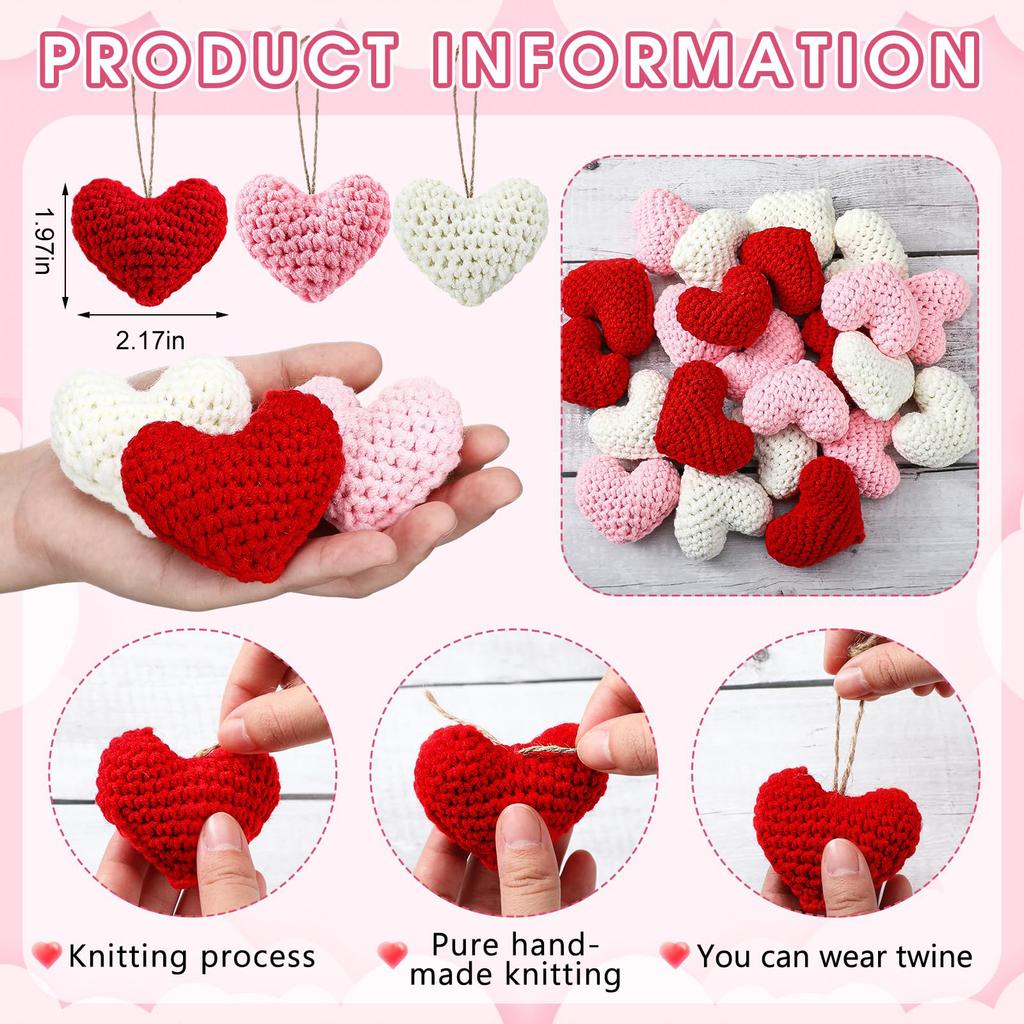 12Pcs Knitted Heart Ornaments Handmade Knitted Crochet Heart Tree Ornament for Home Christmas Tree Party Decor
