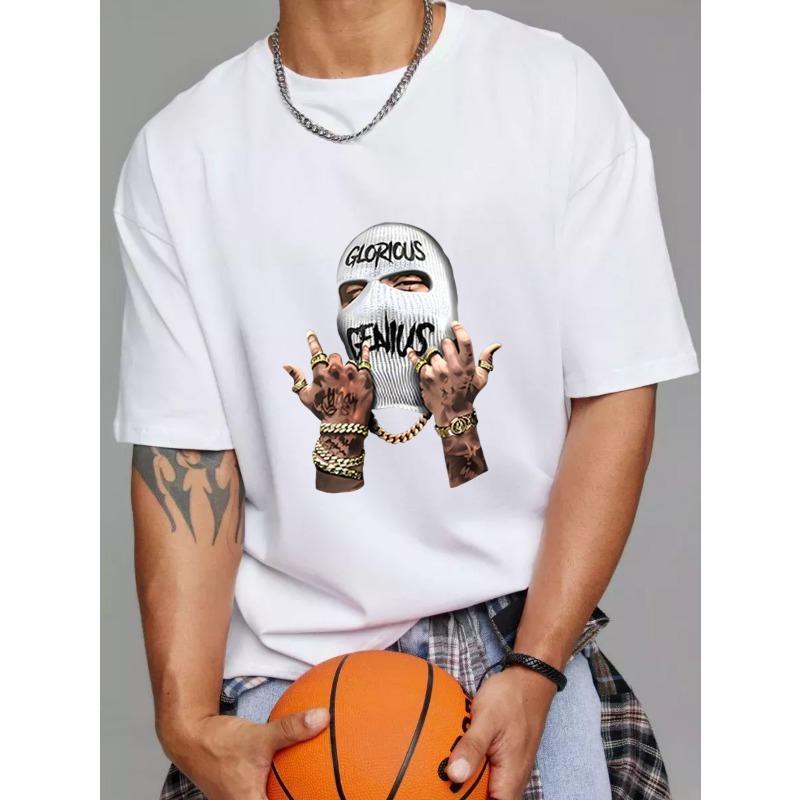 White T Shirt with Glorious Genius Mask and Tattooed Hands Print for Casual Streetwear Style