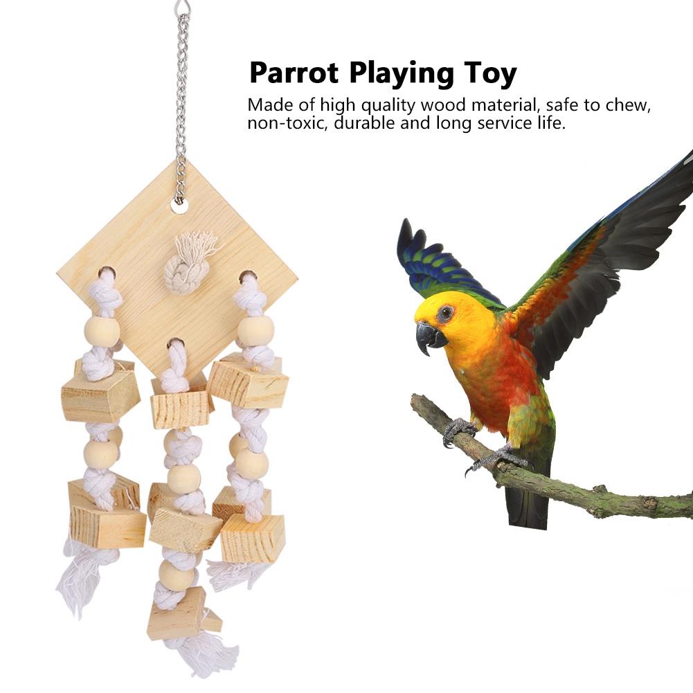 Natural Wooden Bird Hanging Swing Parrot Biting Chewing Playing Block Cage Toy Accessory