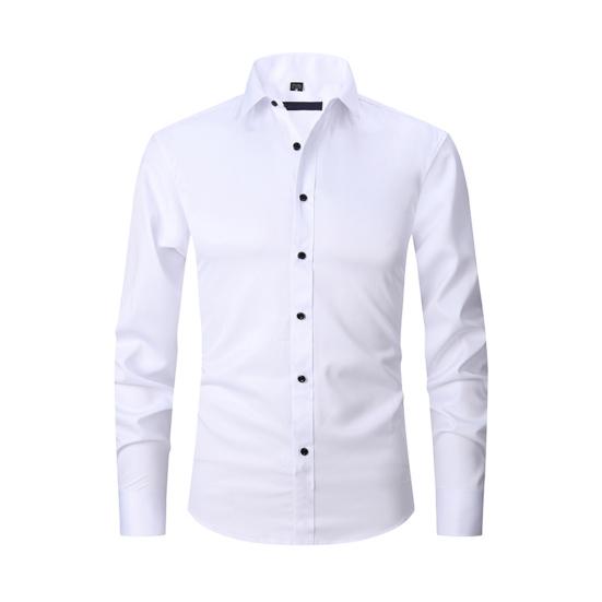 Men Spring Fall Dress Shirt Turn-down Collar Slim Fit Single-breasted Long Sleeves Pure Color Mid Length Young Formal Business Event Office Top