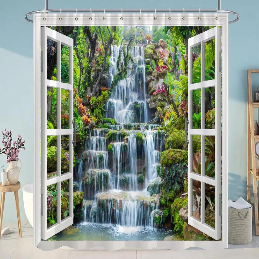 Simulation Window Beach Forest Outdoor Shower Curtain Tropical Seaside Landscape Bohemian Cloth Hanging Curtains Bathroom Decor