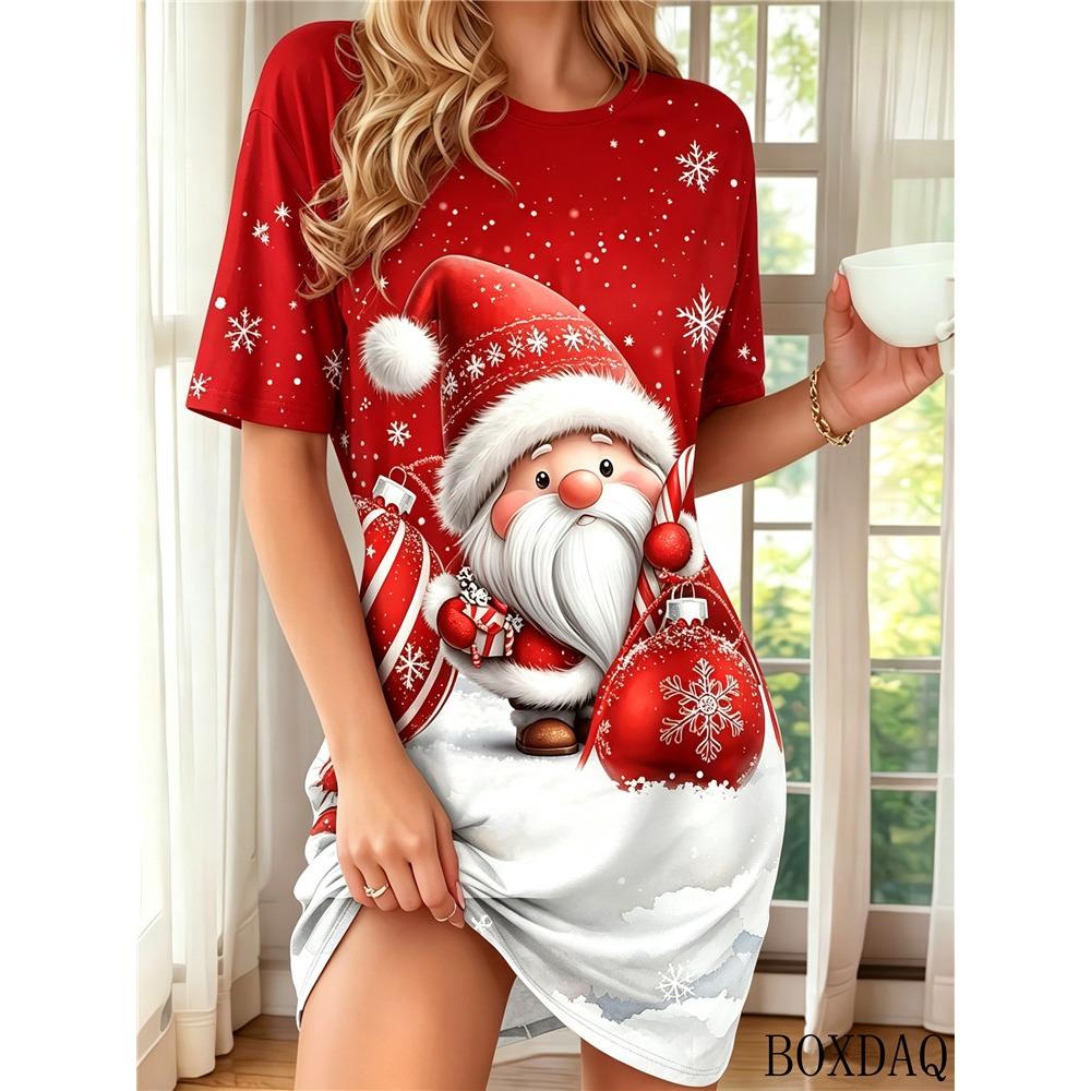 Damen Sommer Freizeit Weihnachtsikleider Mit Rundhalsausschnitt Kurzärmelig Santa Claus Muster Gedruckt Locker Haus Damenkleid