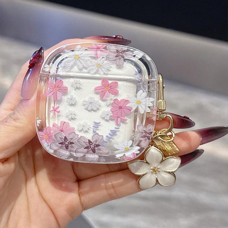 Pink Flowers Pattern Wireless Bluetooth Case for AirPods 4 3 1/2 AirPod Pro and Pro2 Case TPU Headset Protective Cover with Hoo