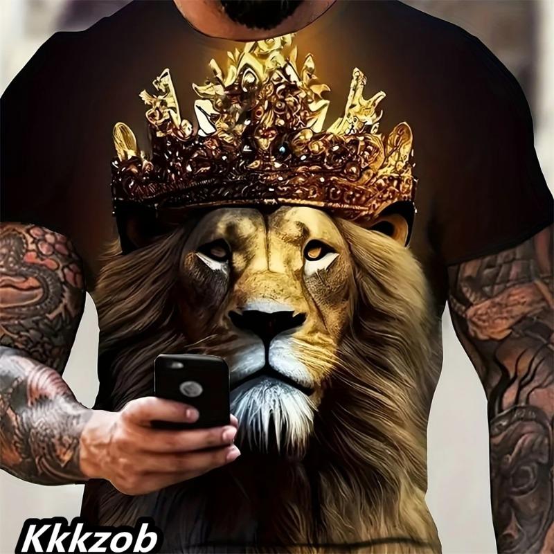 Mens Lion Print Short Sleeve O-Neck T-Shirt Soft Breathable Casual Wear Outdoor Activities Sports Loose Oversized Tops