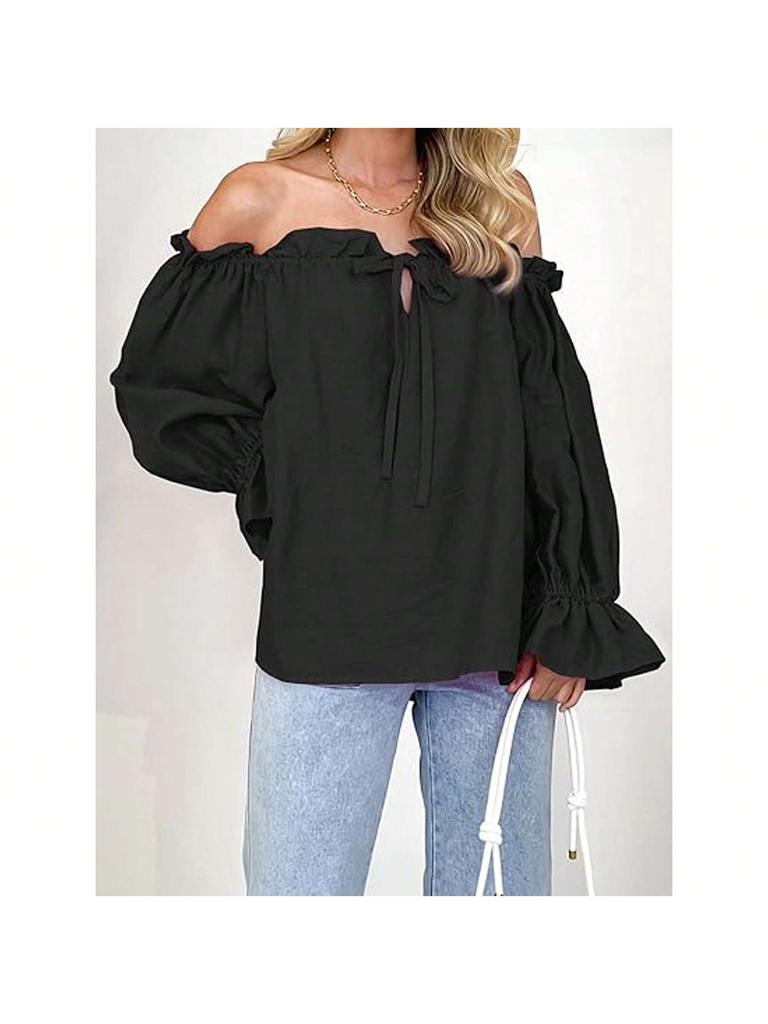 Damen Schulterfrei Bluse Langarm Rüschen Tunika Top Elegant Lässig