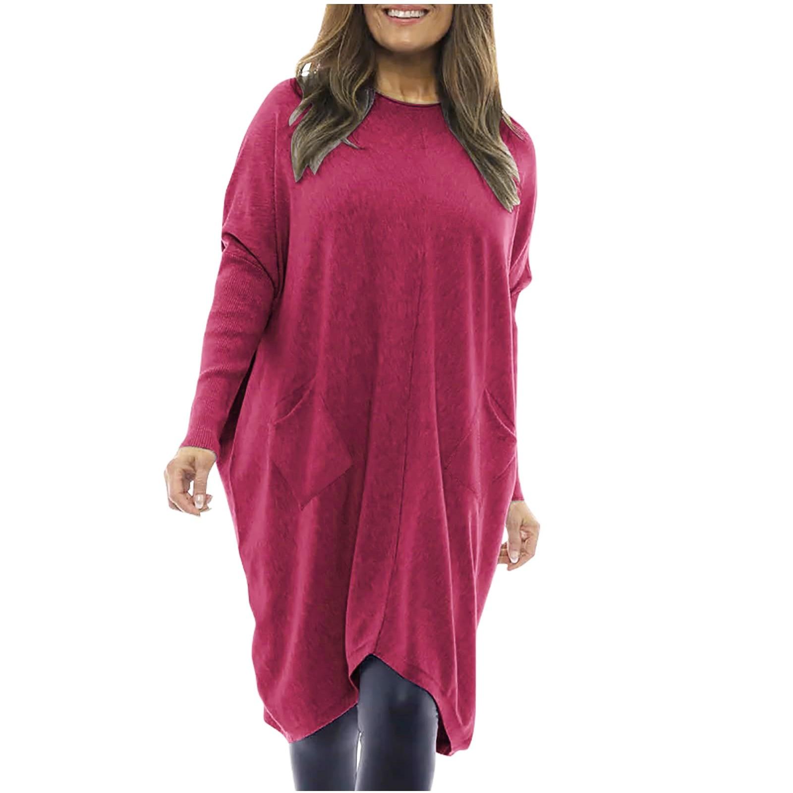 

Женское повседневное свободное платье с длинным рукавом и круглым вырезом, однотонное, с карманами S