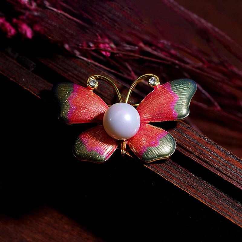 Elegant Enamel Butterfly Brooch with Pearl Accent