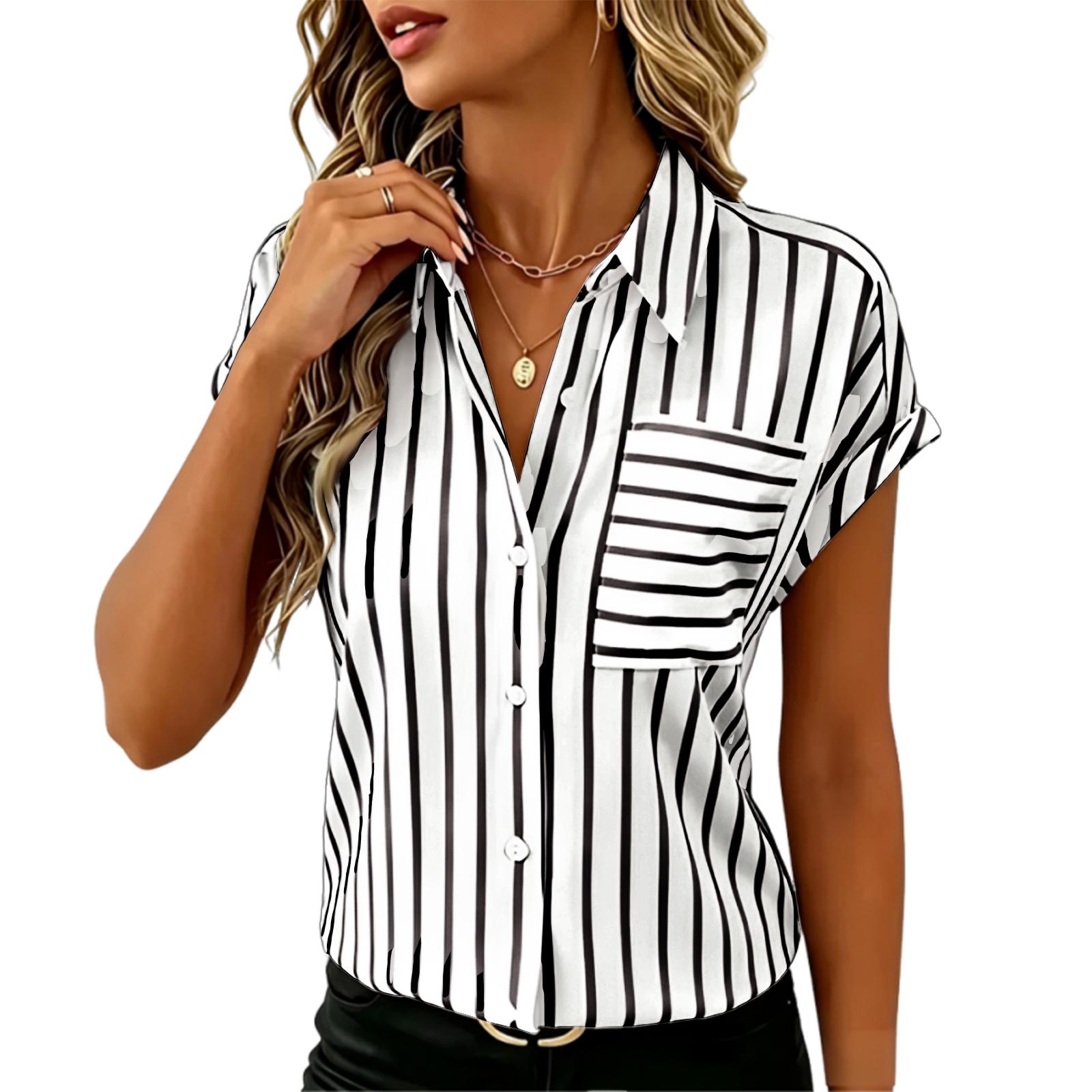 Women s Summer  Off Shoulder Sleeve Button Striped Pocket Women s Shirt L чёрный