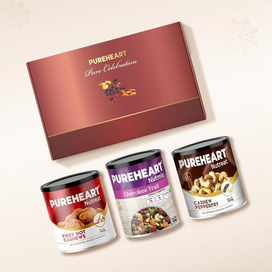 PUREHEART Weihnachts- & Neujahrs-Geschenkkorb | Feurig heiße Cashews, Pfeffer-Cashews (jeweils 333g) und Cherokee Trail Mix (454g)