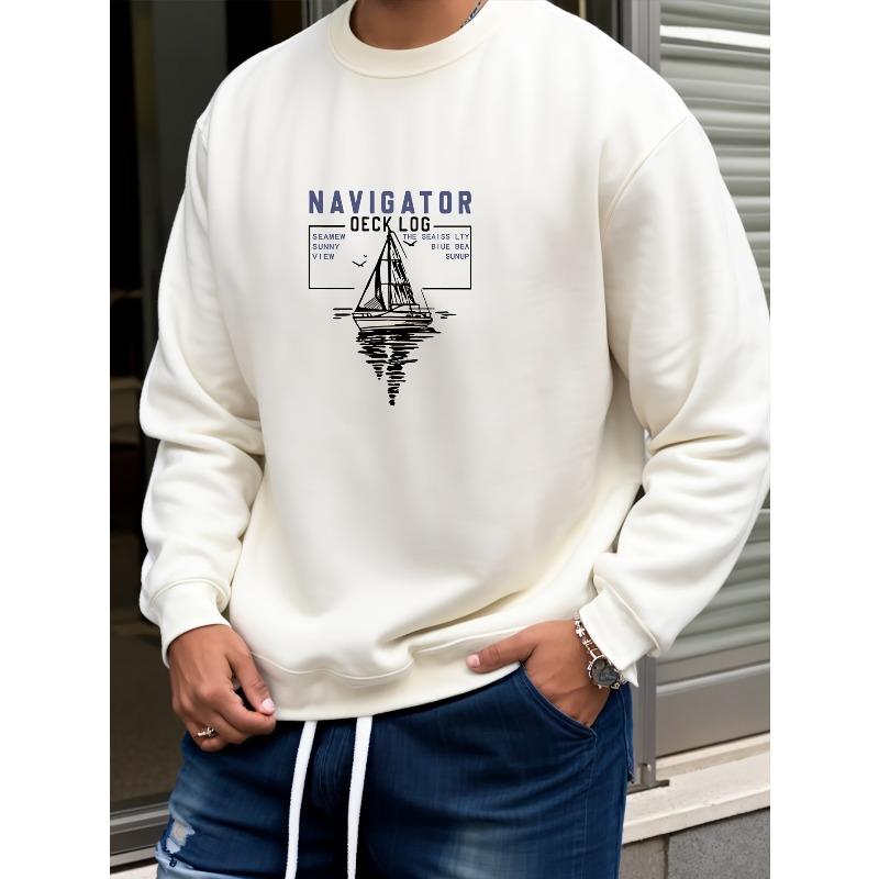 Men's Fashion Creative Design Sailing Log Print Sports Casual Versatile Long-Sleeve Round Neck Sweatshirt, Perfect for Travel, Outdoor Camping