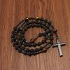 Natural Lava Stone Tiger Eye Beads Long Necklace with Hematite Cross Pendant Mens Rosary Jewelry