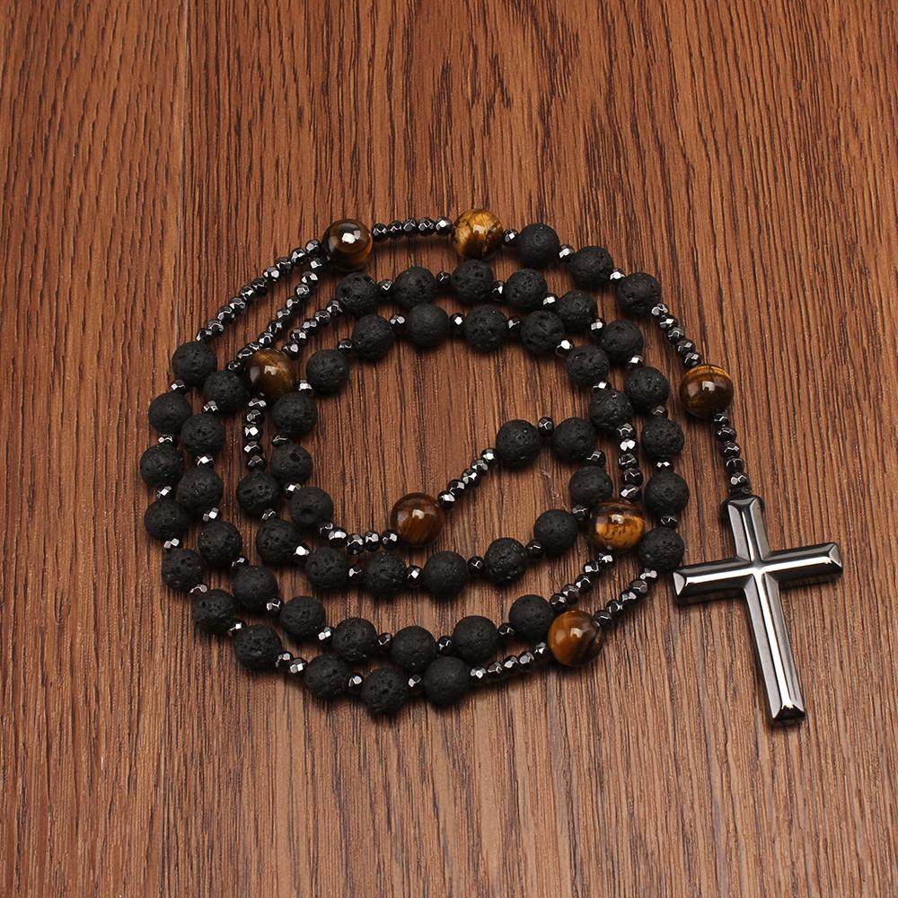 Natural Lava Stone Tiger Eye Beads Long Necklace with Hematite Cross Pendant Mens Rosary Jewelry