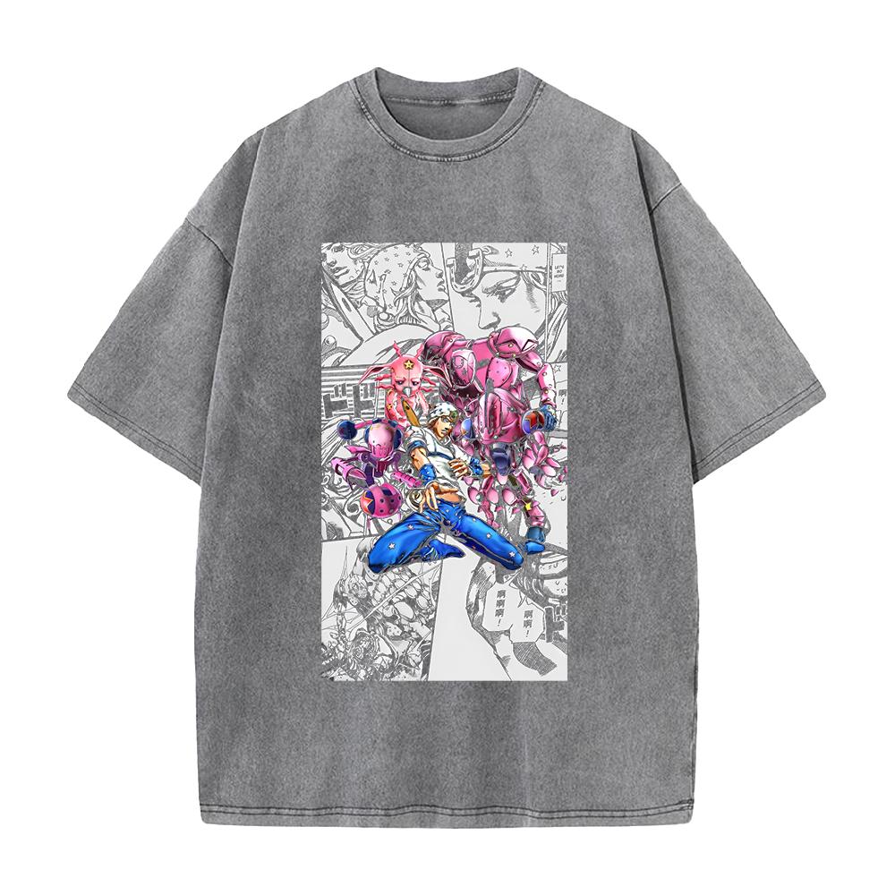 

JoJo s Bizarre Adventure Johnny Clothing Men Women Manga T-shirts Vintage Washed T Shirt Casual Cotton Tee Harajuku Male Tshirt S серый