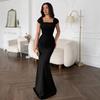 Spring and Summer New European and American Women's Clothing Square Neck Short Sleeve Waist Dress Skinny Pleated Hip Wrap Long Dress
