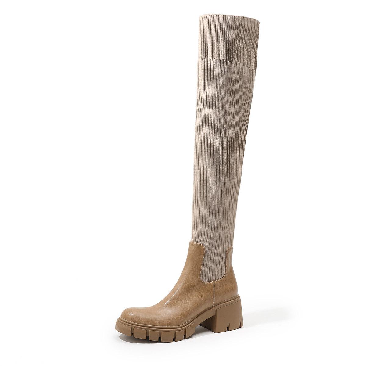 

2025 женские ботинки мартин, британские ботинки на толстой платформе, эластичные ботинки до колена с шерстяным верхом, не спадающие 43 абрикосовый