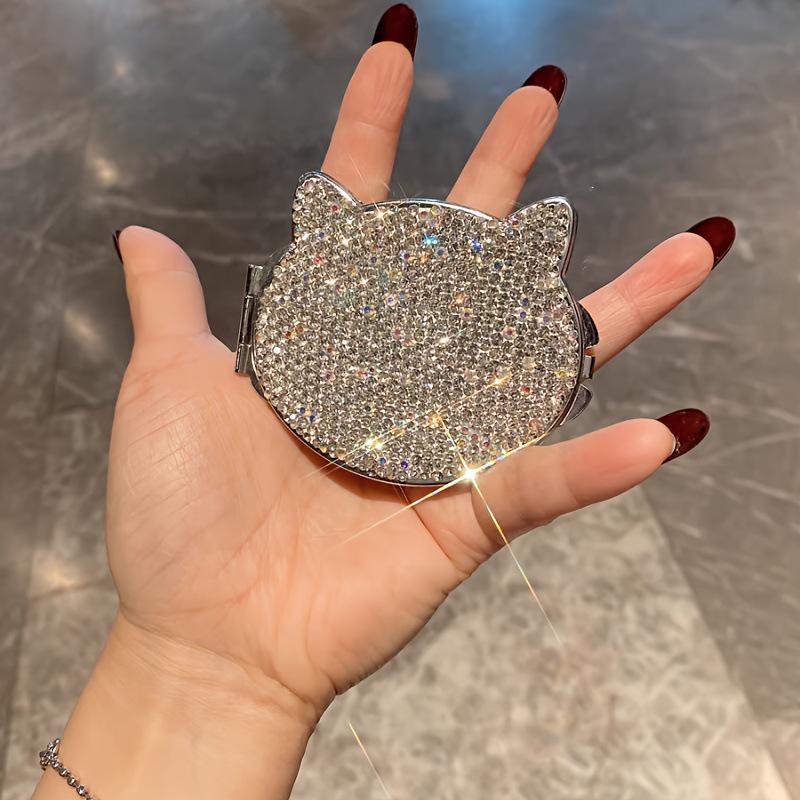 Elegant Rhinestone Portable Compact Mirror with Light for Cats - 2024 Edition