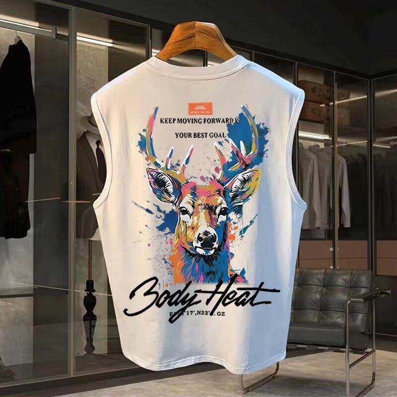 Mens Loose Printed 100 Cotton Sleeveless Vest Casual Sports Fitness Tank Top M