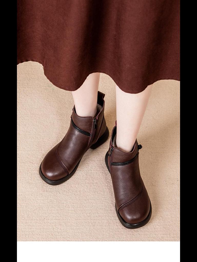 2024 Women's Winter Leather Short Boots: Warm, Non-Slip, Thickened Cotton for Middle-Aged & Elderly