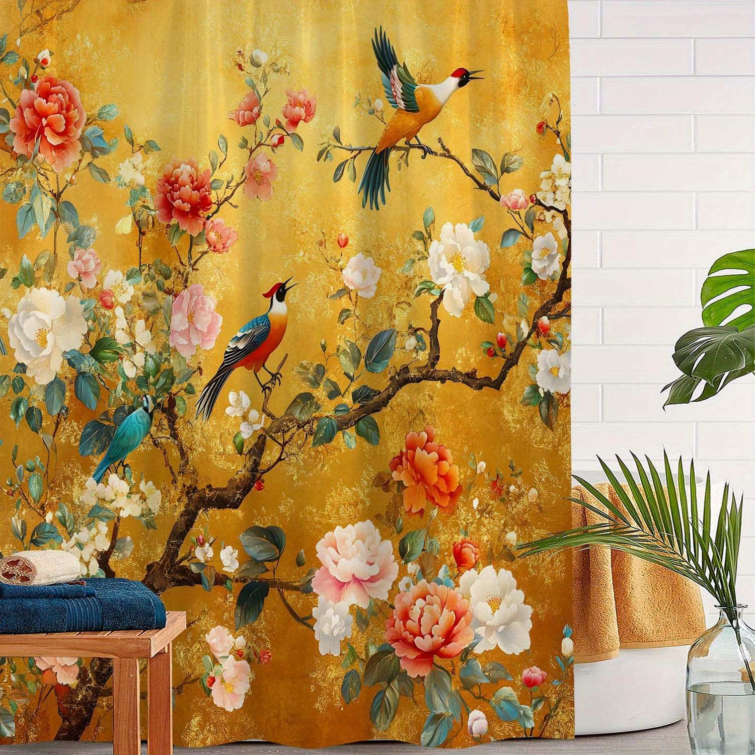 

Shower Curtain: Elegant Birds and Blooming Flowers on a Golden Background for a Luxurious and Nature-Inspired Bathroom Decor W90XH180cm