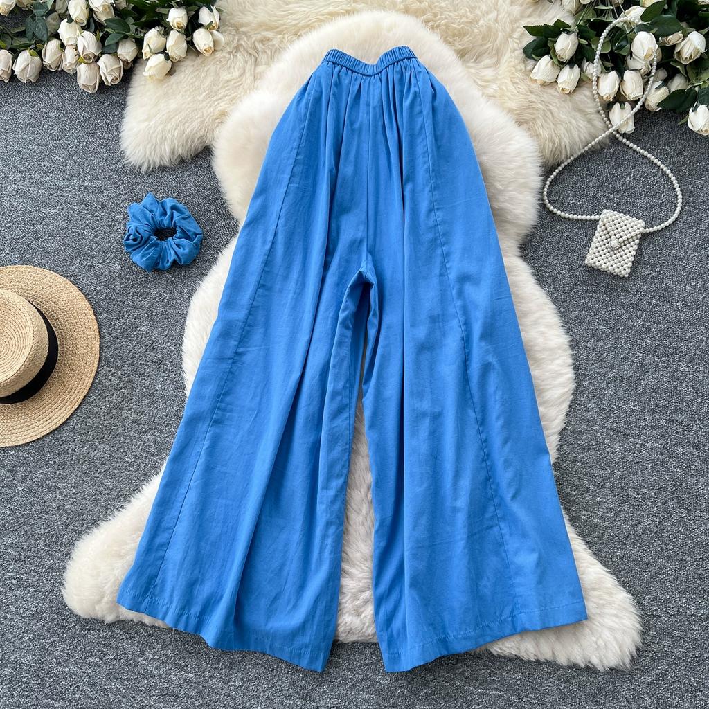 Summer Women Chic Boho Elastic Waist Wide Leg Ankle Length Pant Trouser With Pocket